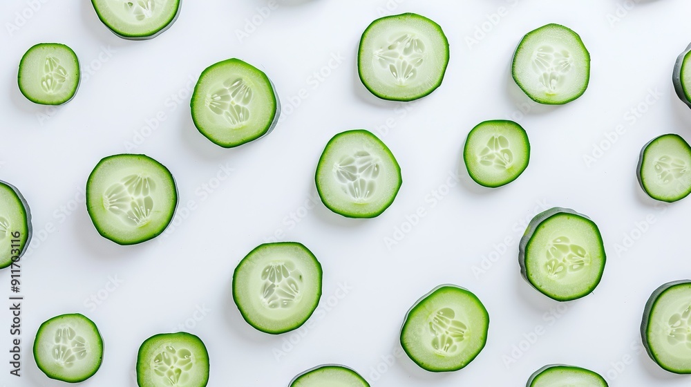 Cucumber heart arranged on white surface with green leaf center Cucumber heart arranged on white surface with green leaf center