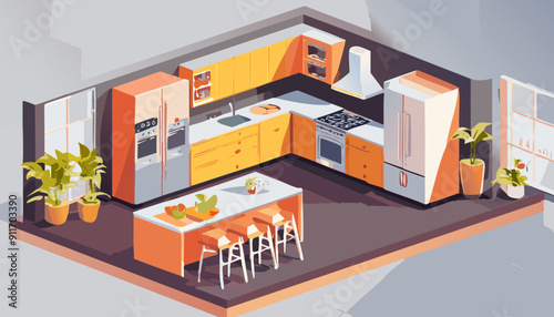 Modern cutaway interior Living room interior or badroom in isometric view vector illustration