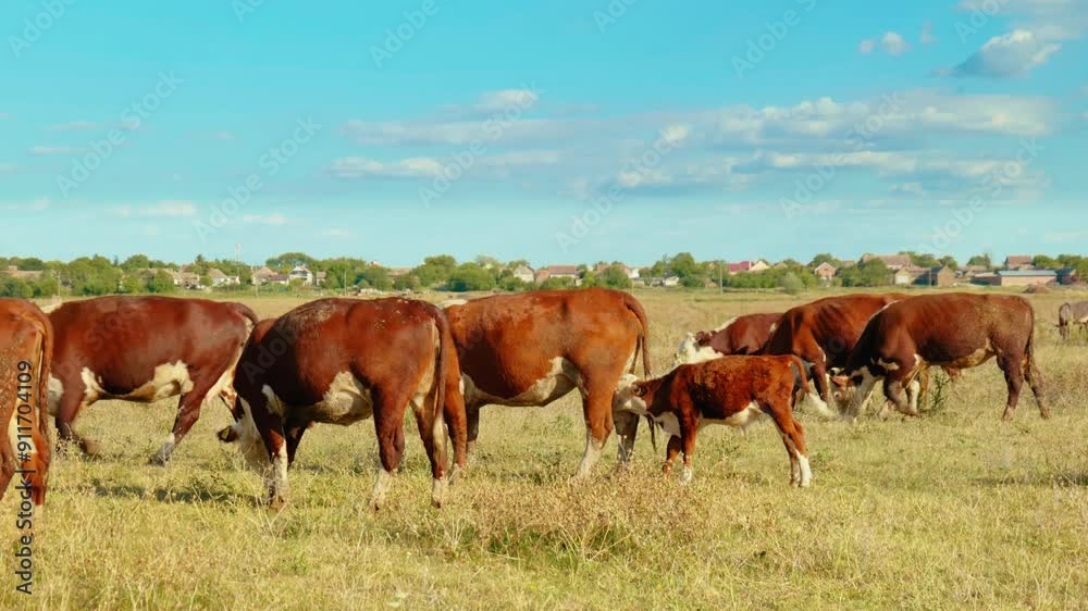 A peaceful rural scene with cows grazing in a green meadow under a blue sky A peaceful rural scene with cows grazing in a green meadow under a blue sky