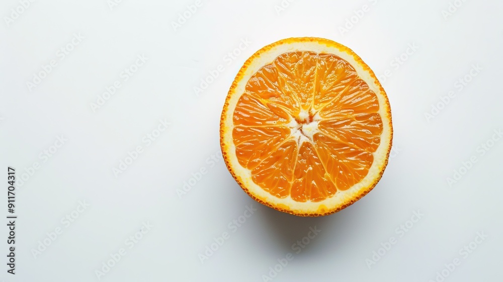 An orange split in two rests atop a white table alongside a bitten piece of fruit An orange split in two rests atop a white table alongside a bitten piece of fruit