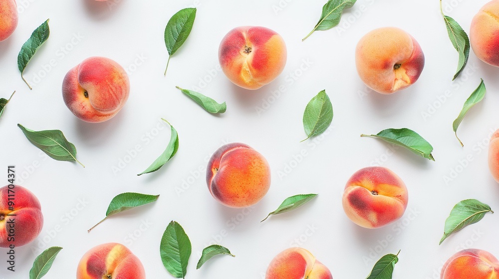 Peaches arranged stacked, topped by green foliage Peaches arranged stacked, topped by green foliage