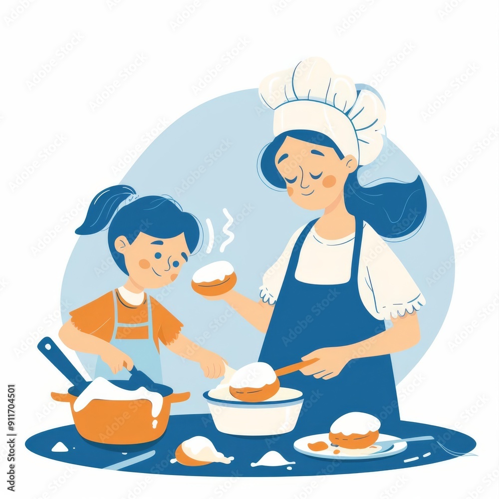 illustration, mother and child baking, blue color theme, Mothers Day, delicious, isolated on white background