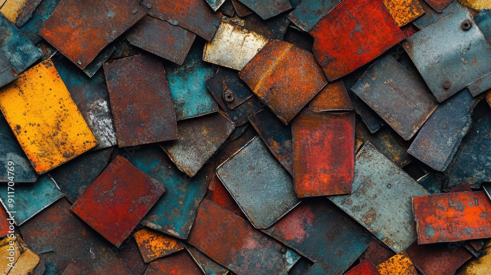 Flat lay top-down view of assorted metal scraps with rusted surfaces, featuring a graphic adventure style with inked outlines and bold red and green contrasts Flat lay top-down view of assorted metal scraps with rusted surfaces, featuring a graphic adventure style with inked outlines and bold red and green contrasts