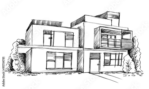 Architecture sketch of building, hand drawn architectectural sketch