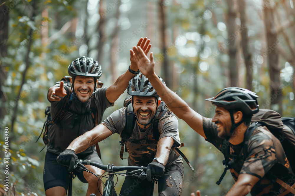 Fototapeta premium Supportive Friends Celebrating Cycling Adventure in Lush Forest Trails