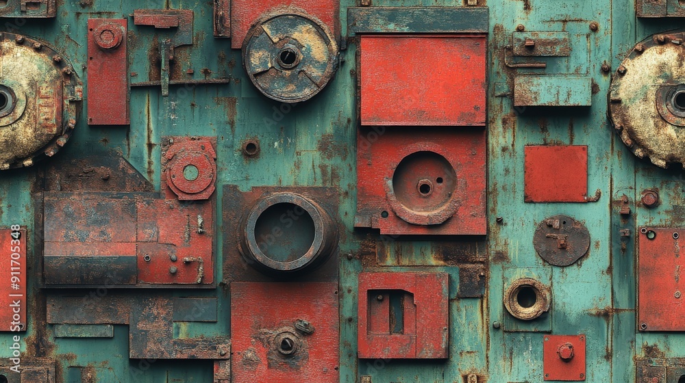 Flat lay of metal debris with a graphic adventure aesthetic, showcasing rusted textures, red and green contrasts, and detailed inked outlines