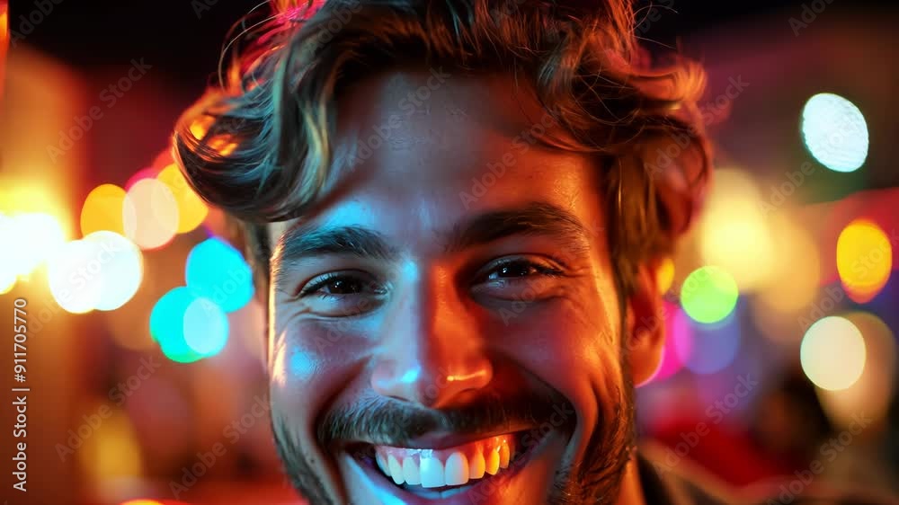 Happy Man Enjoying Evening in Colorful Bar Setting, Smiling Brightly with Drink