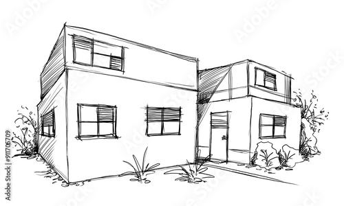 Architecture sketch of building, hand drawn architectectural sketch photo