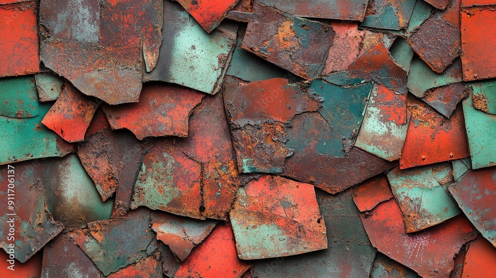 Top view of rusted metal fragments, arranged with a graphic adventure texture, featuring vibrant red and green contrasts and detailed inked lines Top view of rusted metal fragments, arranged with a graphic adventure texture, featuring vibrant red and green contrasts and detailed inked lines