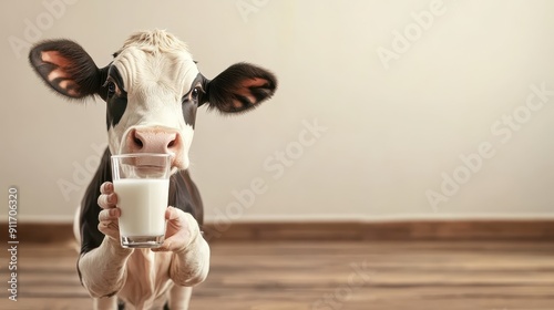 A surreal image of a cow holding a glass of milk, blending humor with a dairy industry concept