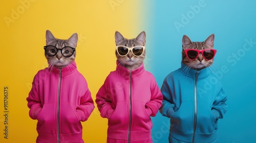 Three cats dressed in human-like clothing and wearing different styles of sunglasses. The cats are standing in front of a split yellow and blue background