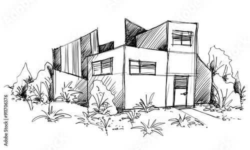 Architecture sketch of building, hand drawn architectectural sketch photo