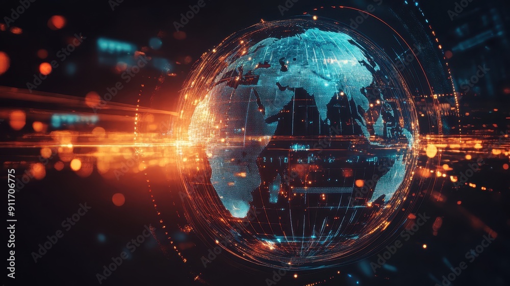 Stylized representation of Earth, overlaid with digital elements that suggest connectivity and technology Stylized representation of Earth, overlaid with digital elements that suggest connectivity and technology