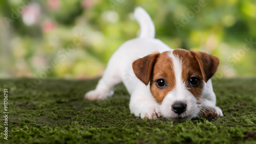 Cucciolo cane jack russell giocherellone sfondo prato verde photo