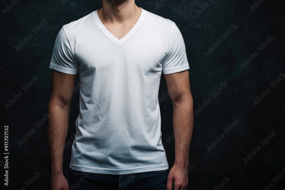 Empty V-Neck T-Shirt Template in White Color on Dark Background Empty V-Neck T-Shirt Template in White Color on Dark Background