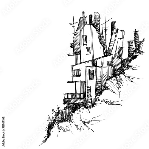 Architecture sketch of building, hand drawn architectectural sketch