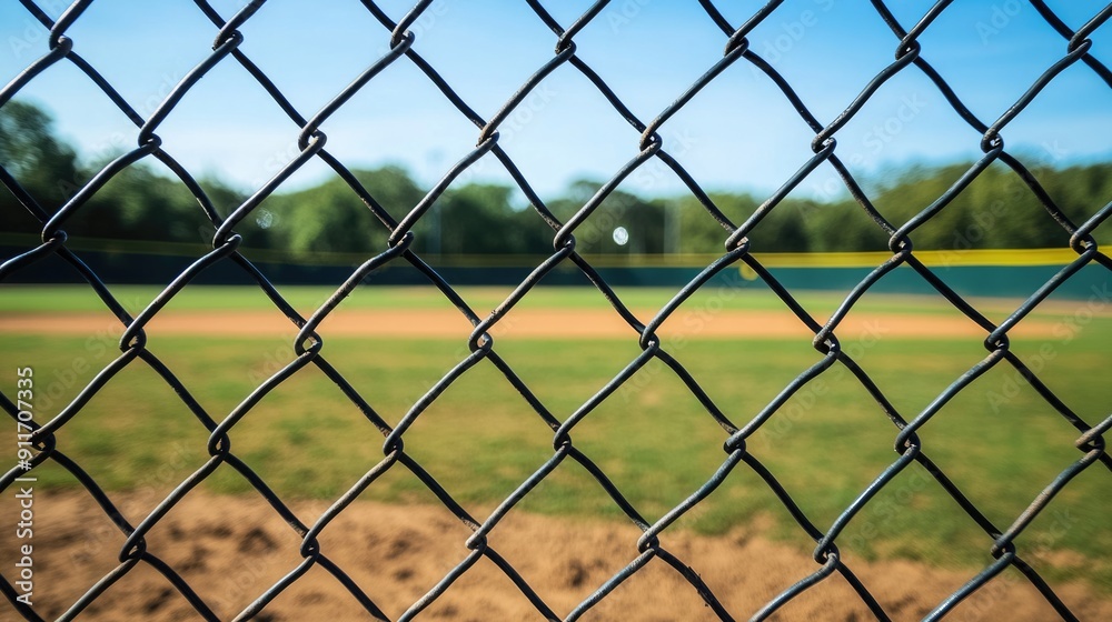 Fototapeta premium Baseball Fence. View of Game Field seen through Chain Link Grid with Dirt and Grass Infield