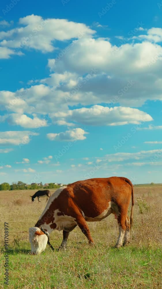 A peaceful rural scene with cows grazing in a green meadow under a blue sky A peaceful rural scene with cows grazing in a green meadow under a blue sky