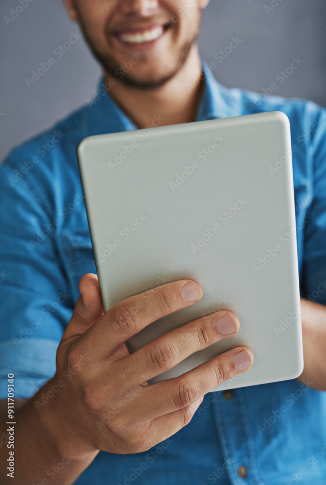 Business man, hands and digital tablet in studio for company website update, server maintenance and UX. Professional, web developer and happy employee with tech for testing new app on gray background Business man, hands and digital tablet in studio for company website update, server maintenance and UX. Professional, web developer and happy employee with tech for testing new app on gray background
