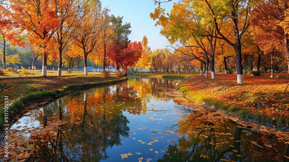 Fototapeta premium Autumn in the park. Fall forest lake scenery with foliage. Landscape photography.