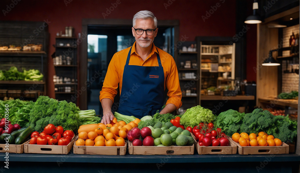 Seller of fresh farm vegetables and fruits behind the counter at the market in a fresh food store. Seller of fresh farm vegetables and fruits behind the counter at the market in a fresh food store.