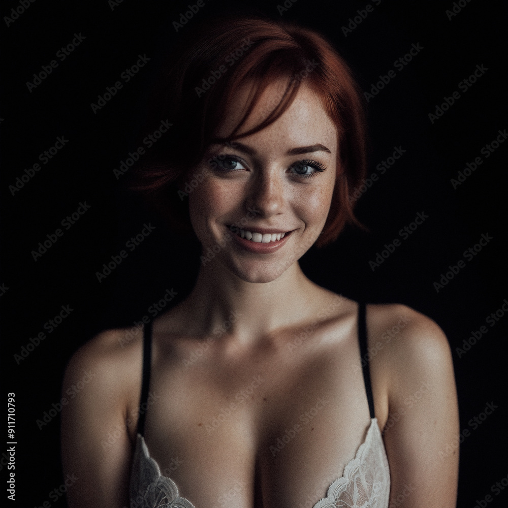 Portrait of a young red-haired woman with a bright smile on a dark background. Portrait of a young red-haired woman with a bright smile on a dark background.
