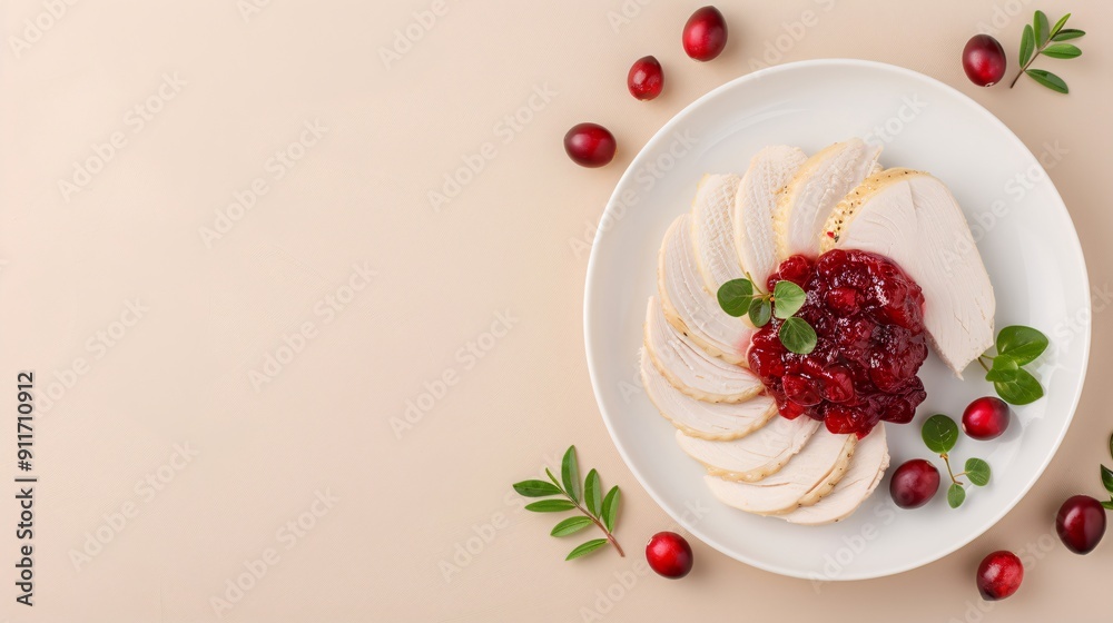 Sliced turkey breast with cranberry sauce and fresh herbs on a beige background, perfect for holiday recipes, ingredient photography, and food styling, showcasing a festive and nutritious combination Sliced turkey breast with cranberry sauce and fresh herbs on a beige background, perfect for holiday recipes, ingredient photography, and food styling, showcasing a festive and nutritious combination