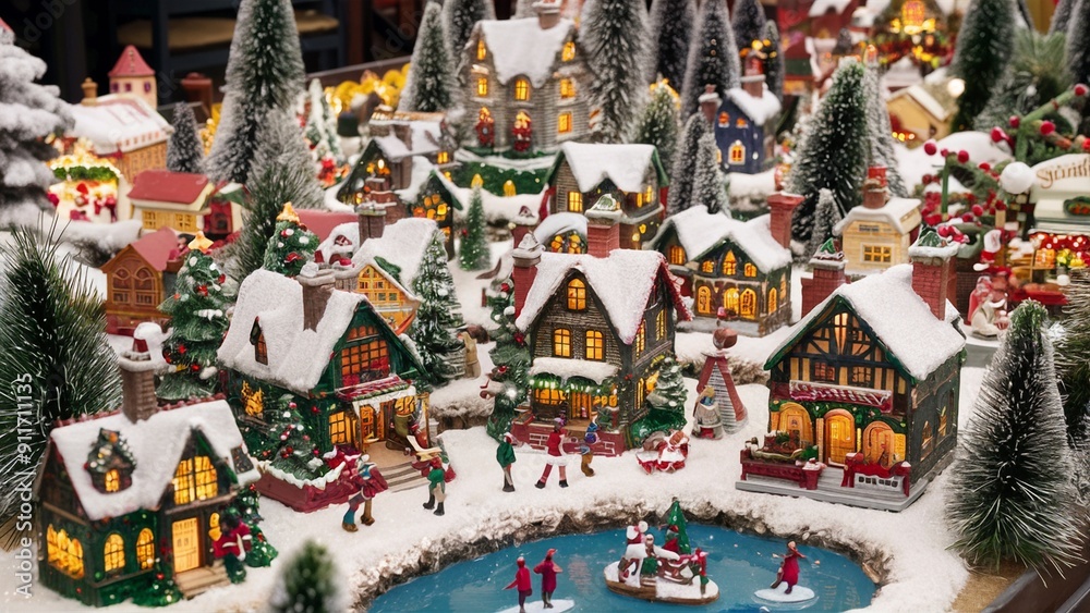 Naklejka premium Charming Christmas Village Display with Miniature Houses