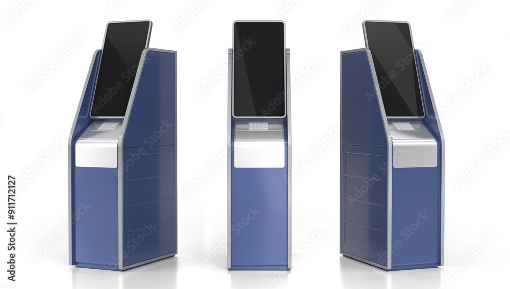 Modern blue ATM machine. 3d illustration set on white background Modern blue ATM machine. 3d illustration set on white background