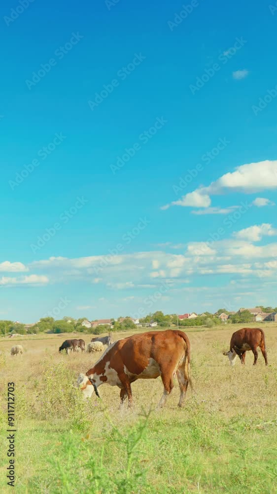 A peaceful rural scene with cows grazing in a green meadow under a blue sky A peaceful rural scene with cows grazing in a green meadow under a blue sky