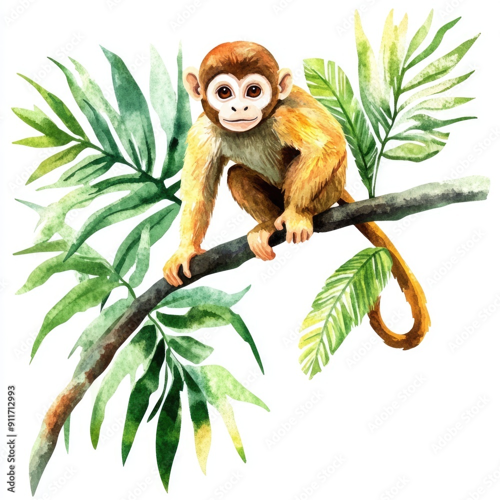 Obraz premium Watercolor Monkey. Hand Drawn Jungle Monkey on Tropical Tree Branch. Exotic Animal Illustration