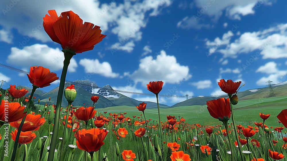 Obraz premium A blue sky with a red-filled field in the foreground, and a mountain in the background with clouds overhead