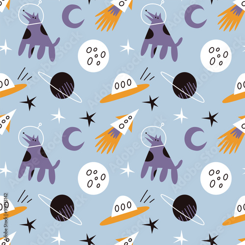 Vector seamless pattern with space and astronaut dogs. Modern design for fabric and paper, surface textures. 