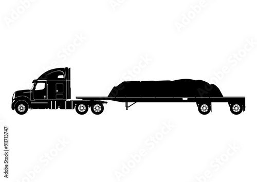 Silhouette of a truck with a loaded straight deck flatbed semi-trailer. Vector.