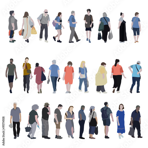 A large set of silhouettes of people. 2D image for use as an entourage. Vector flat city infographics.
