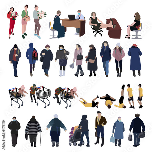 A large set of silhouettes of people. 2D image for use as an entourage. Vector flat city infographics.