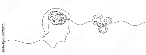 Continuous single line drawing of a human head and gears . Contour one line illustration of technology progress. Vector editable illustration