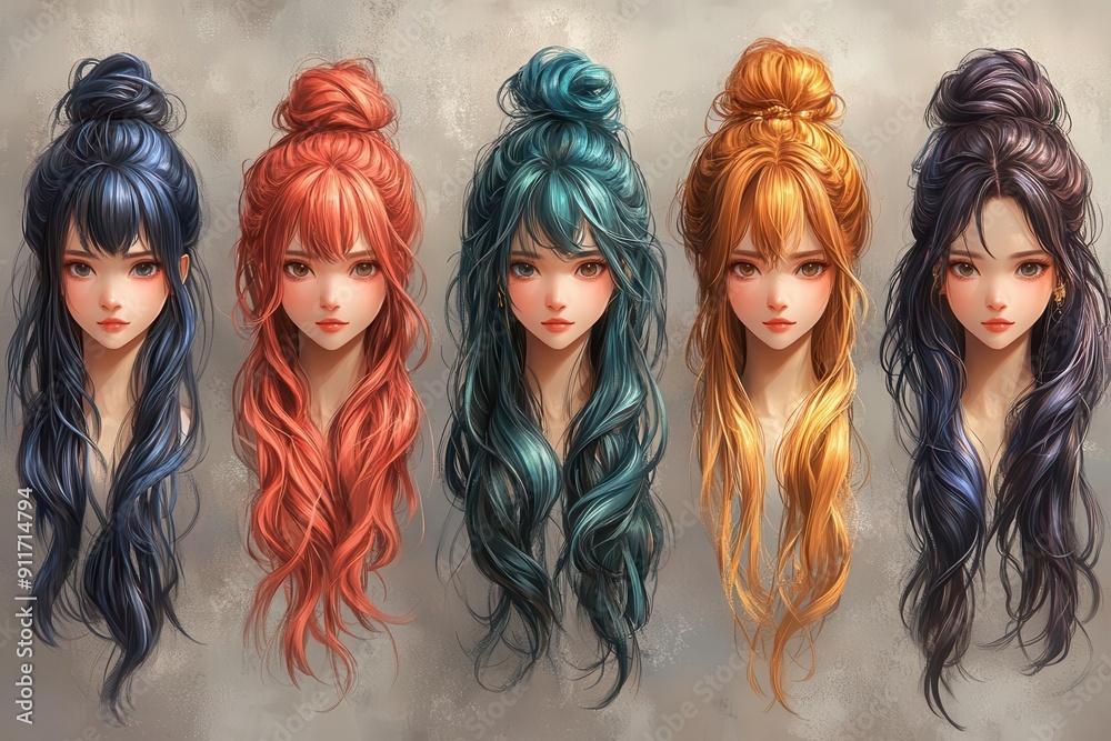 diverse set of cute anime girl hairstyles variety of colors lengths and styles expressive faces unique accessories character design showcase with personalitydriven looks