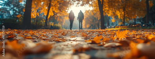 wide horizontal seasonal leaf peeping background in autumn, young couple walking at a park backward to the frame on a road, yellow color trees and leaves fall on the roadsides 