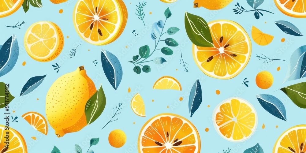 Abstract summer background with lemon and orange fruits, leaves and tropical elements illustration on light blue background Generative AI Abstract summer background with lemon and orange fruits, leaves and tropical elements illustration on light blue background Generative AI