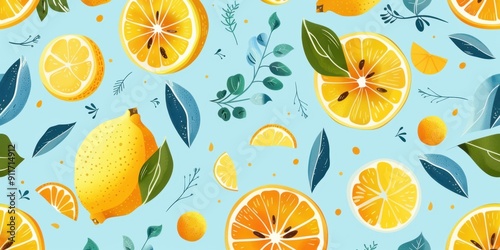 Abstract summer background with lemon and orange fruits, leaves and tropical elements illustration on light blue background Generative AI