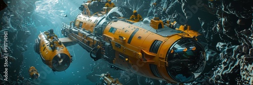 A group of students descend into the deep ocean in high-tech submersibles, embarking on a marine biology expedition to explore the mysterious underwater world and study marine life with a sci-fi tone photo