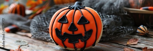 Handcrafted Jack O Lantern Pumpkin Cookie for Halloween photo