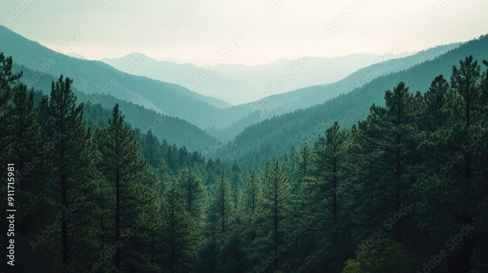 Horizon Forrest. A Green Landscape of Early Morning Light in Mountainous Area