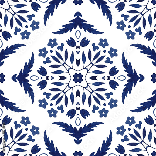 Gorgeous seamless blue flourish watercolor pattern tiles fabric design. Azulejo spanish tile. Filigree Turkish ornament