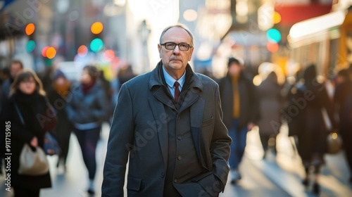 A businessman confidently walks through a bustling city street filled with commuters during late afternoon