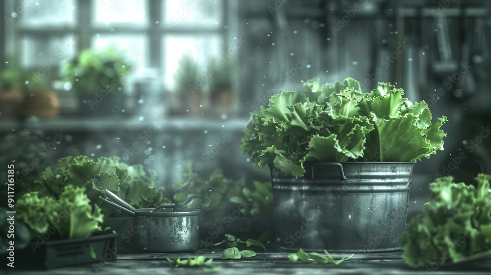 A pot of lettuce sits on a table next to other potted lettuce, facing the window A pot of lettuce sits on a table next to other potted lettuce, facing the window
