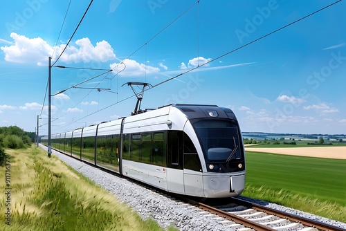 A modern electric train speeding through a pristine countryside, with green fields and clear blue skies, promoting clean transportation.