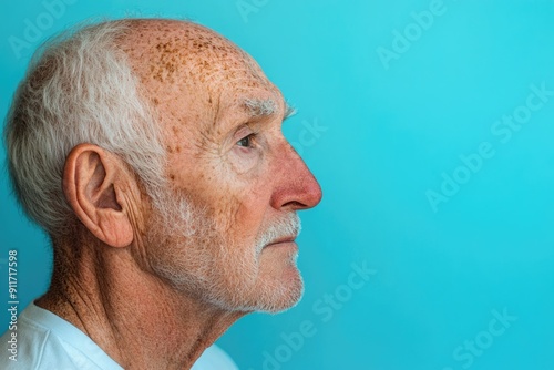 Old Man Side Profile. Portrait of Senior American Man on Blue Background