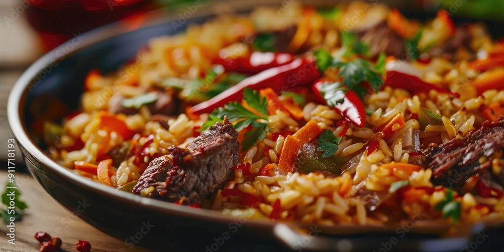 Close up of tasty pilaf with beef carrots and chili pepper on a wooden table Close up of tasty pilaf with beef carrots and chili pepper on a wooden table